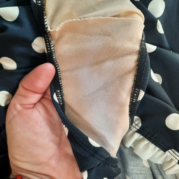 Bettie Page Retro Polka Dot Ruffle Trim One Piece Swim Dress Navy Blue Size 16W - Picture 15 of 16